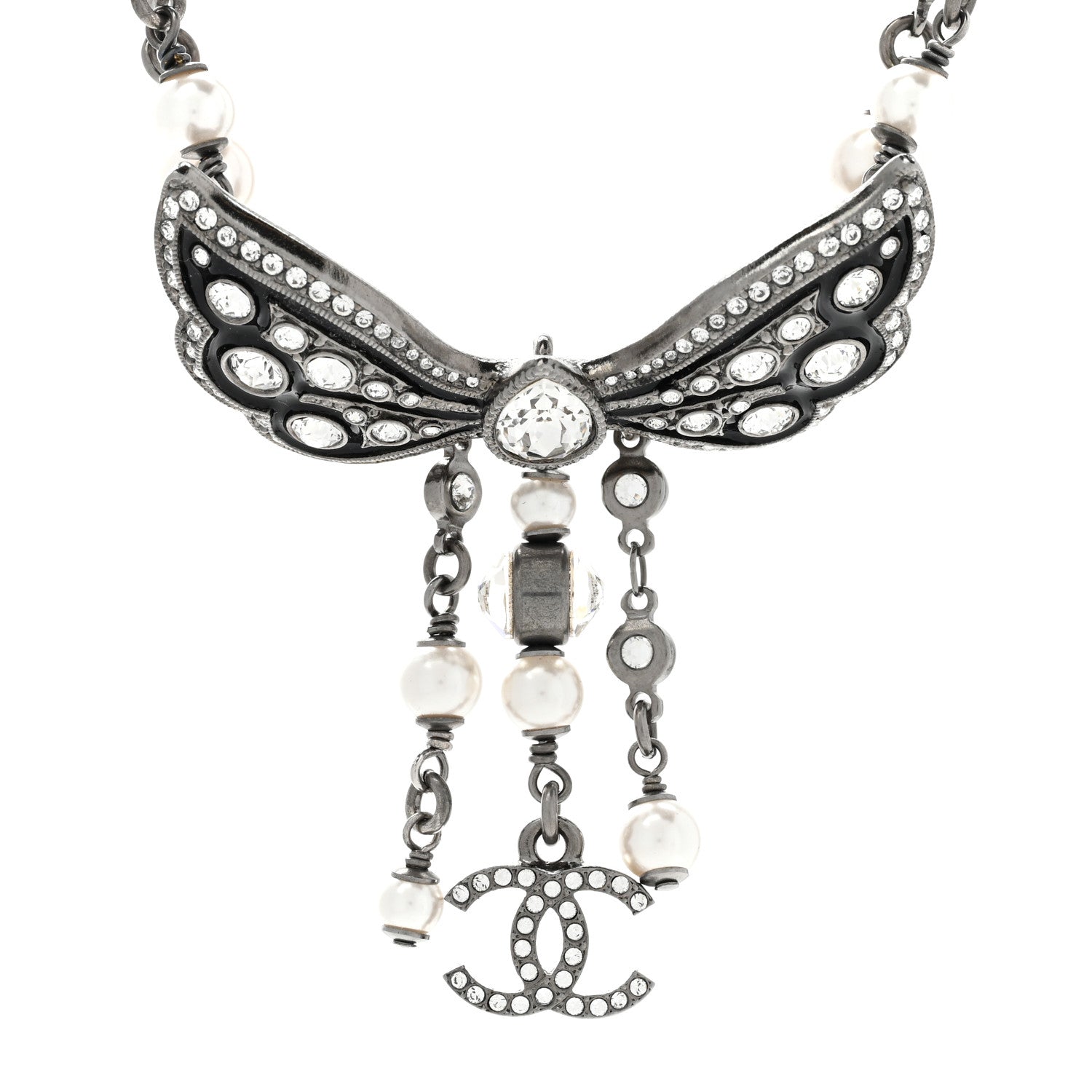 Chanel Crystal Pearl Enamel CC Butterfly Choker Necklace Silver 4 of 6