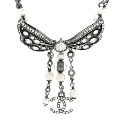 Chanel Crystal Pearl Enamel CC Butterfly Choker Necklace Silver 4 of 6