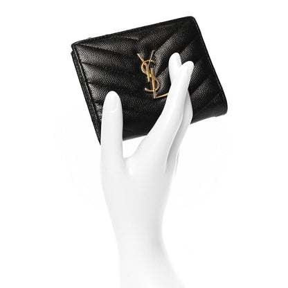 Saint Laurent Grain De Poudre Matelasse Chevron Monogram Zipped Card Case Black 2 of 9