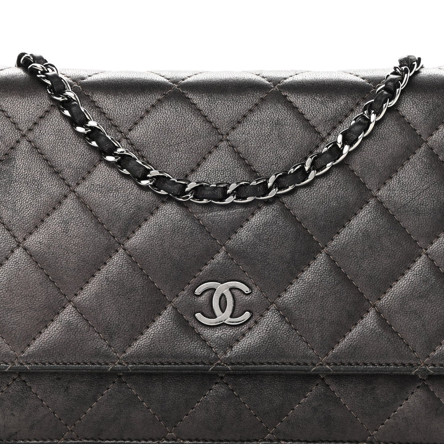 Metallic Lambskin Quilted Wallet On Chain WOC Dark Grey