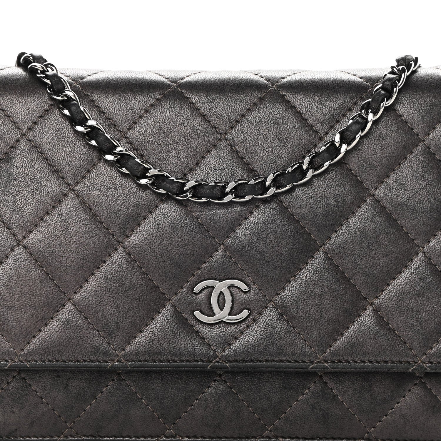 Chanel Metallic Lambskin Quilted Wallet On Chain WOC Dark Grey 9 of 17
