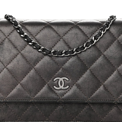 Chanel Metallic Lambskin Quilted Wallet On Chain WOC Dark Grey 9 of 17