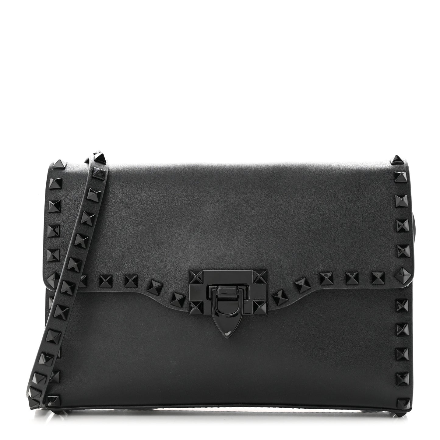 Vitello Monochrome Medium Rockstud Flip Lock Crossbody Bag Black