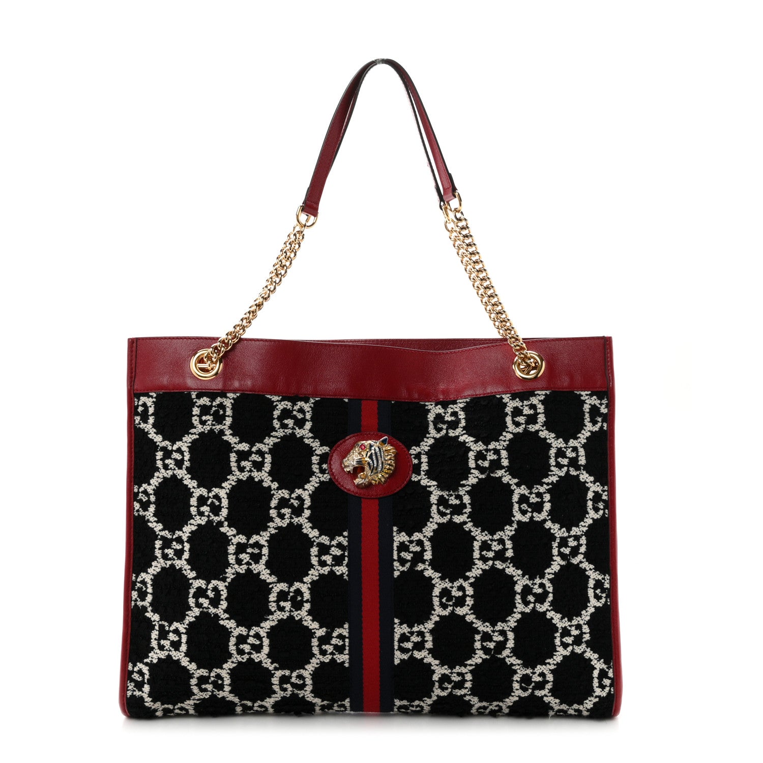 Gucci Tweed GG Monogram Large Rajah Chain Tote Romantic Cherry Black White 1 of 11