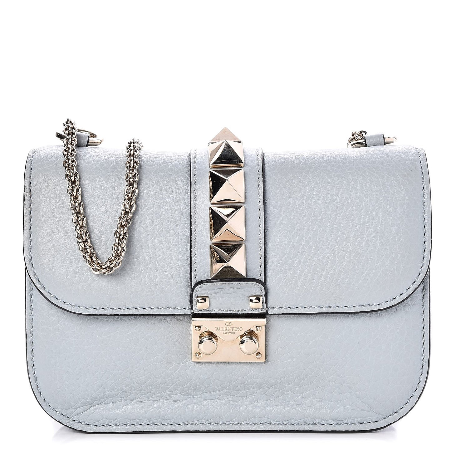 Pebbled Calfskin Small Glam Lock Rockstud Flap Sky Sorbet