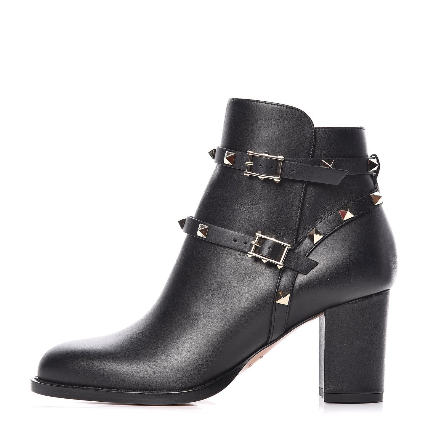 Calfskin Rockstud Double Buckle 70mm Block Heel Ankle Boots 37 Black