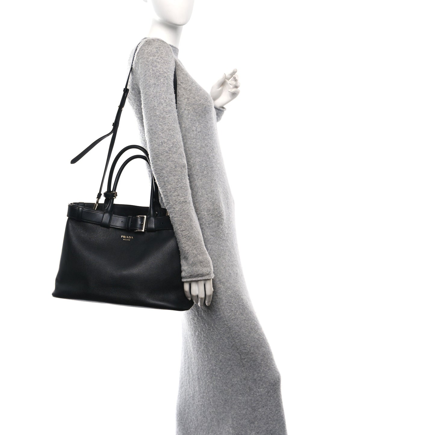 Soft Grain Calfskin Large Buckle Bag With Belt Black