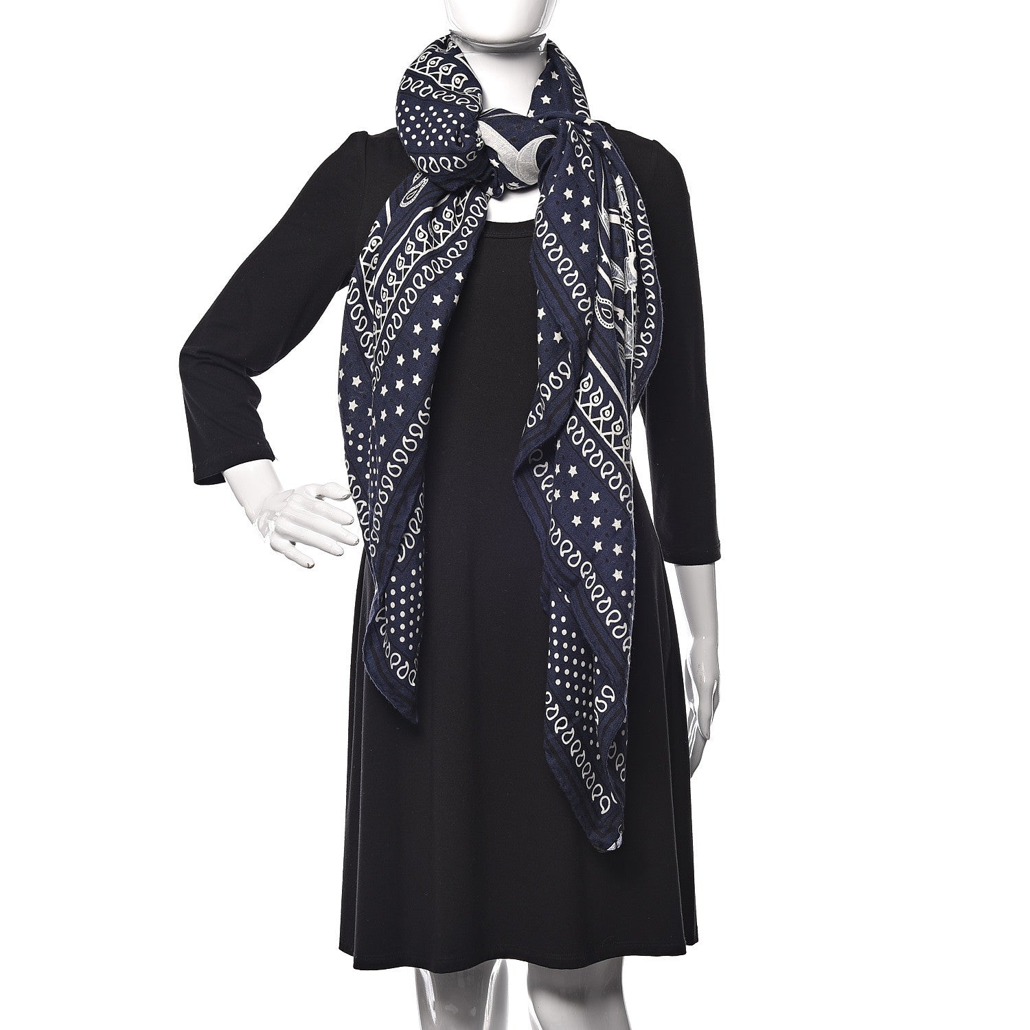 Hermes Silk Cashmere Grand Manege Bandana Shawl 140 Marine Blanc 2 of 5