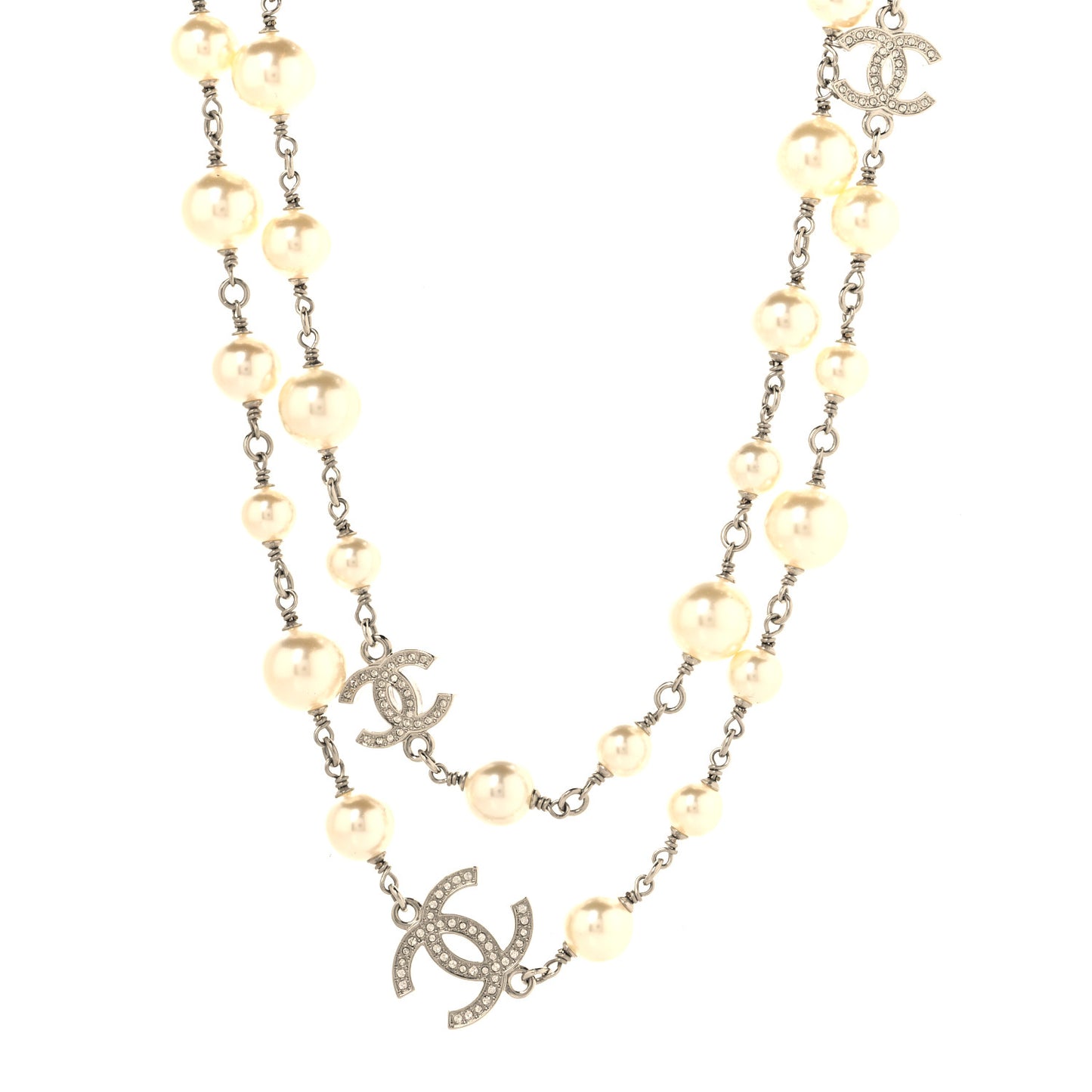 Crystal Pearl CC Long Necklace Silver