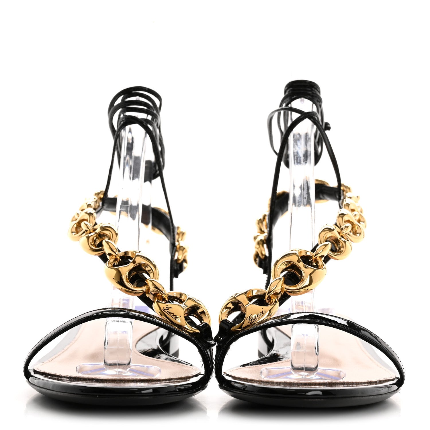 Gucci Vernice Crystal Lambskin Marina Ankle Wrap Sandals 38 Black 3 of 9