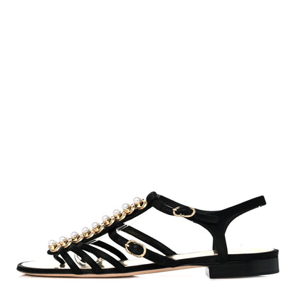 Chanel Satin Pearl Thong Sandals 40 Black 1 of 8