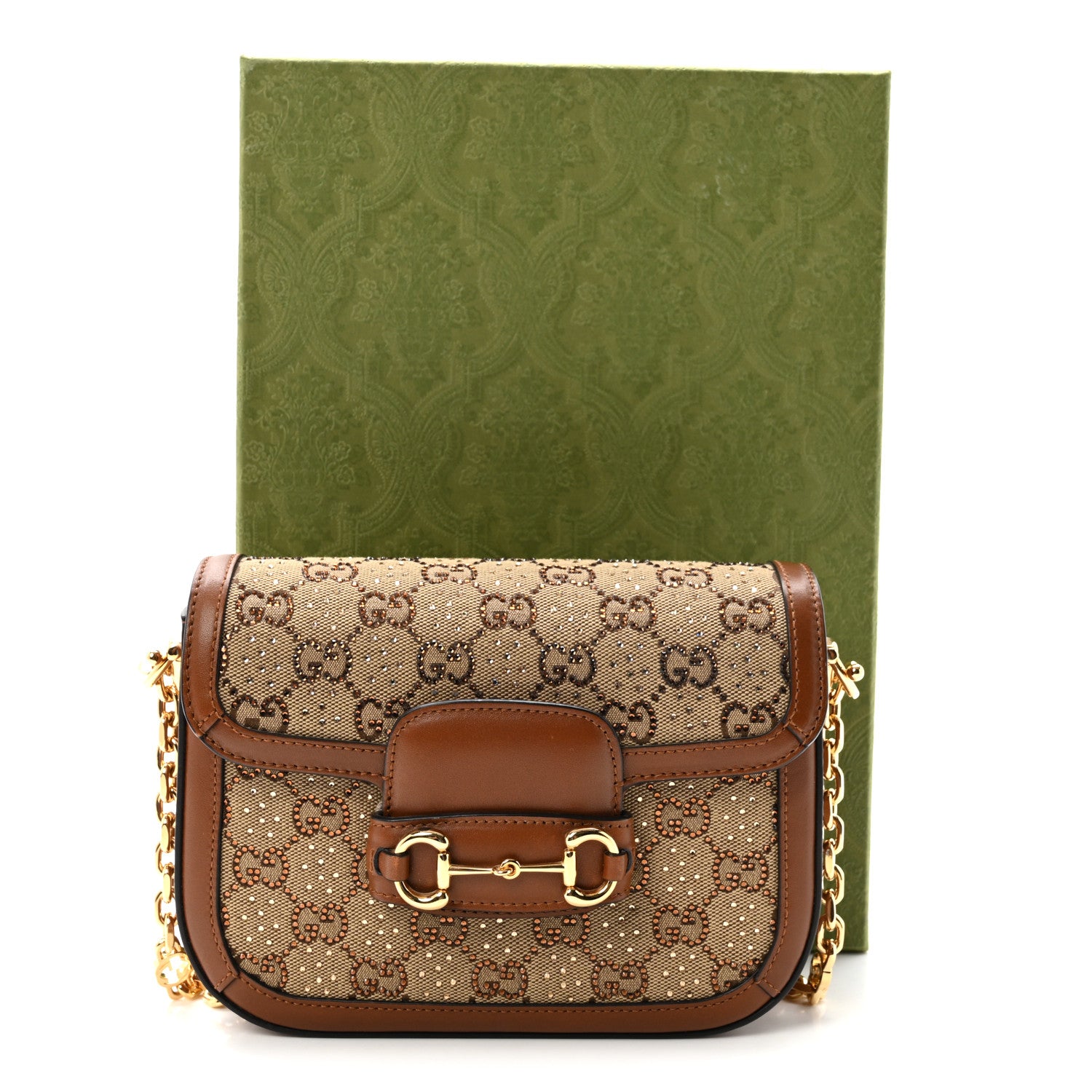 Gucci New Canvas Charisma Calfskin Crystal GG Monogram Mini Horsebit 1955 Shoulder Bag Camel Ebony 11 of 11