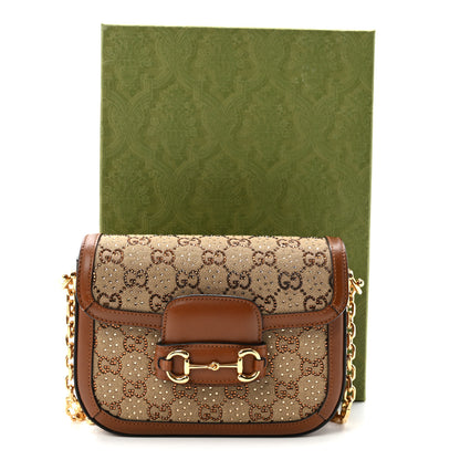 Gucci New Canvas Charisma Calfskin Crystal GG Monogram Mini Horsebit 1955 Shoulder Bag Camel Ebony 11 of 11