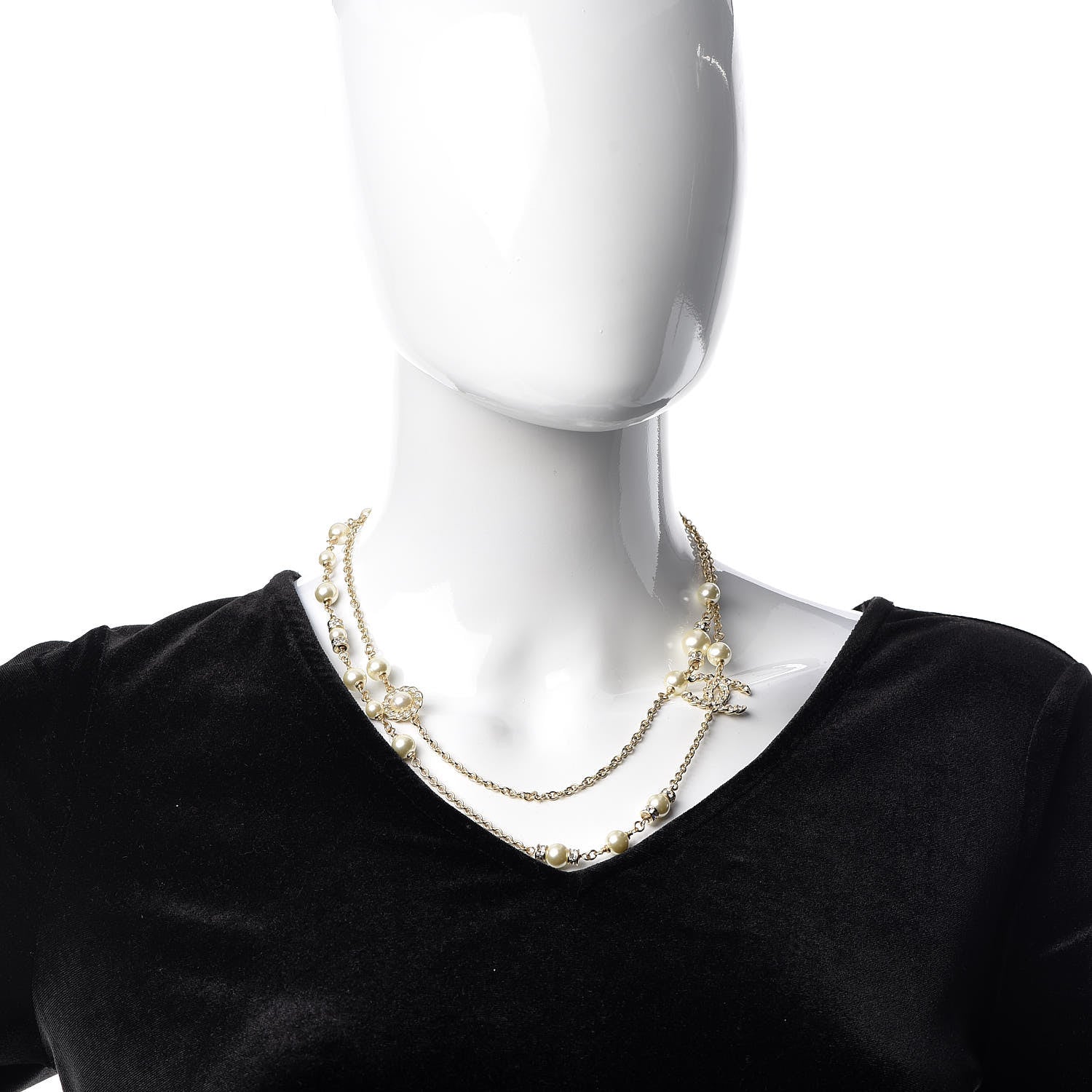 Chanel Pearl Crystal CC Double Chain Necklace Gold 2 of 6