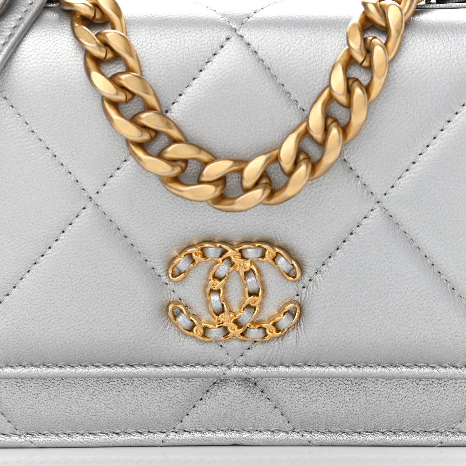 Chanel Metallic Lambskin Quilted Chanel 19 Wallet On Chain WOC Silver 9 of 12
