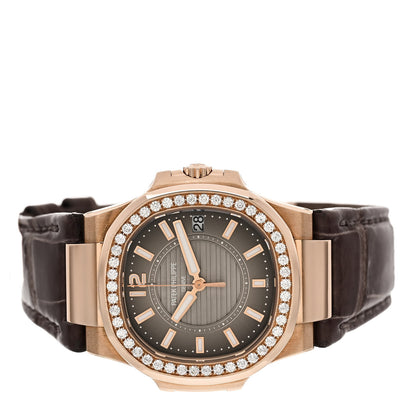 Patek Philippe 18K Rose Gold Alligator Diamond 32mm Nautilus Quartz Watch Grey 7010R-001 2 of 5