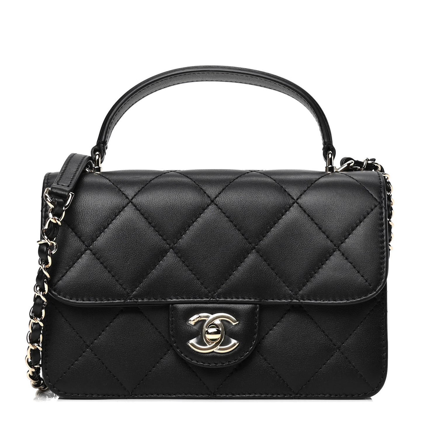 Calfskin Quilted Small Top Handle Flap Black