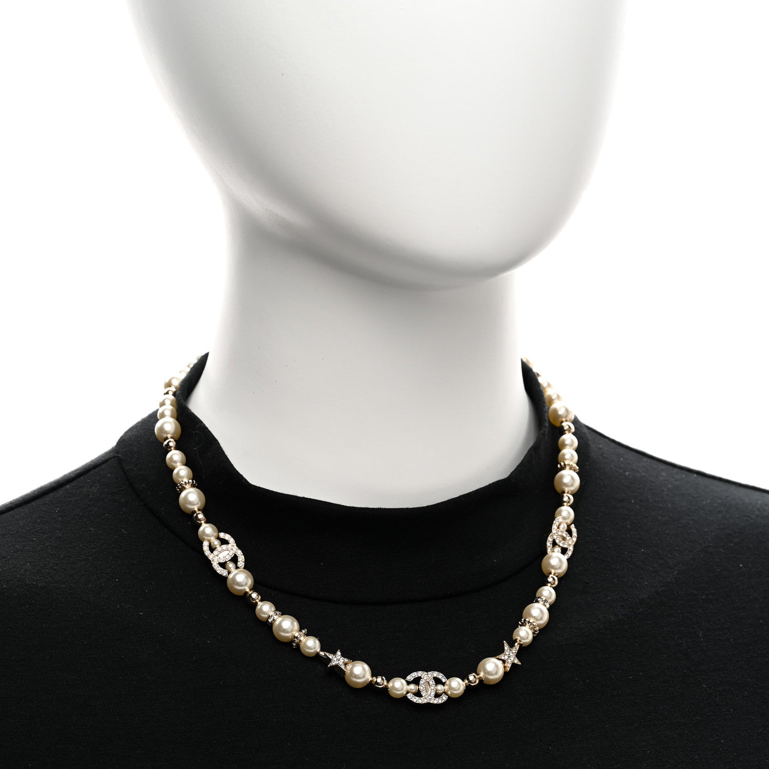 Chanel Metal Crystal Pearl CC Star Short Pendant Necklace Gold 2 of 6