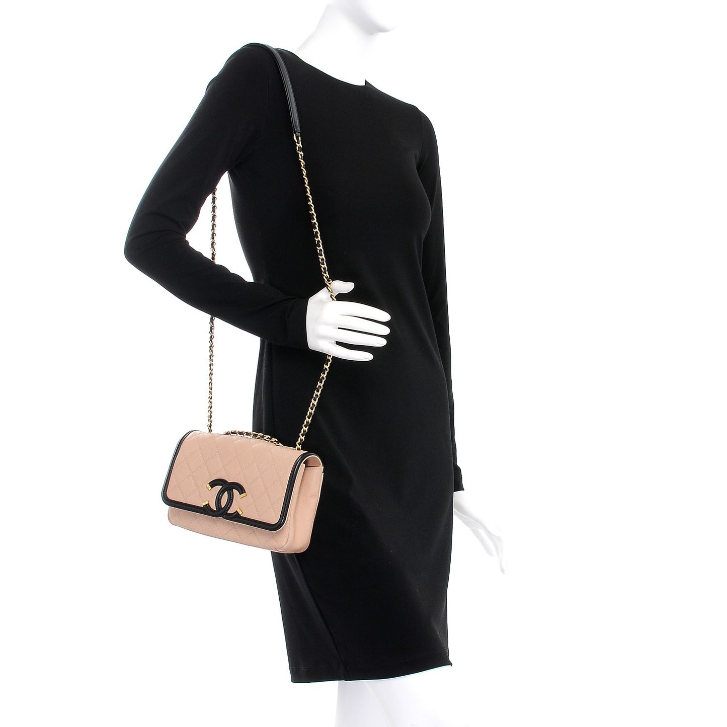 Caviar Quilted Small CC Filigree Flap Beige Black
