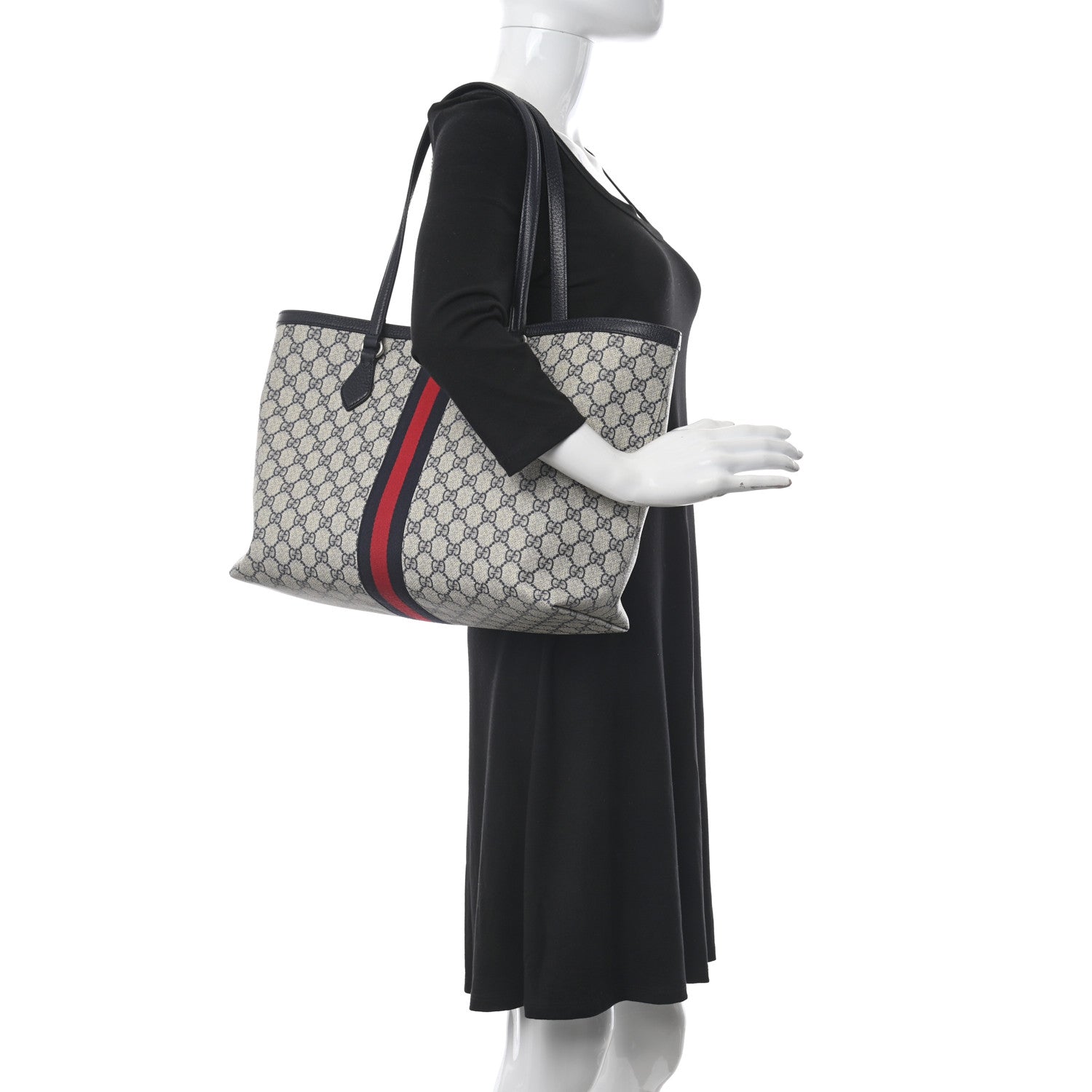 Gucci GG Supreme Monogram Textured Calfskin Web Medium Ophidia Shopping Tote Beige Blue 2 of 10