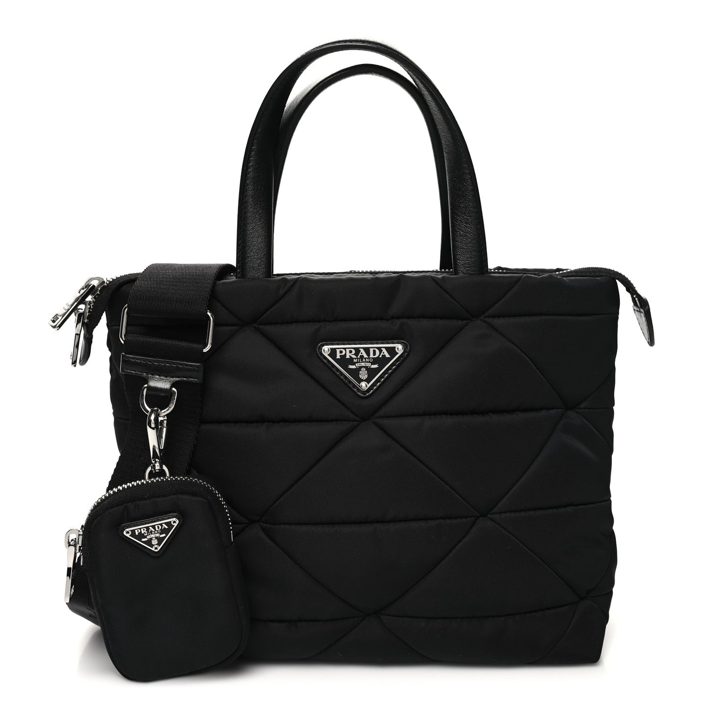 Re-Nylon Nappa Triangle Quilted Padded Double Handled Zip Pocket Tote Black