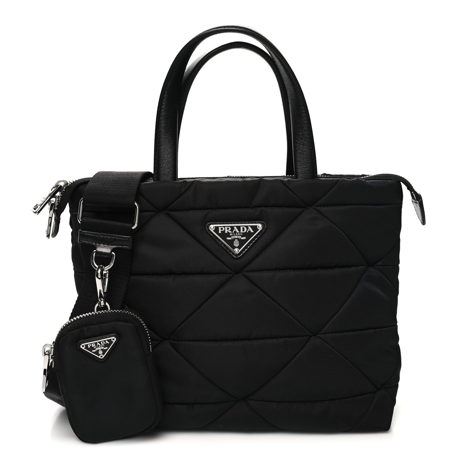 Prada Re-Nylon Nappa Triangle Quilted Padded Double Handled Zip Pocket Tote Black 1 of 9
