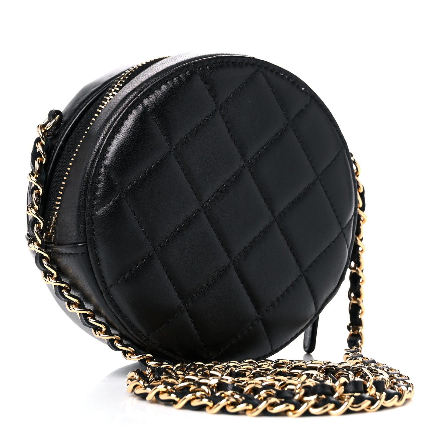 Lambskin Quilted Zirconium Round Clutch With Chain Black