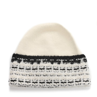 Chanel Wool Cashmere Stitched CC Beanie Hat Ivory Black 3 of 5