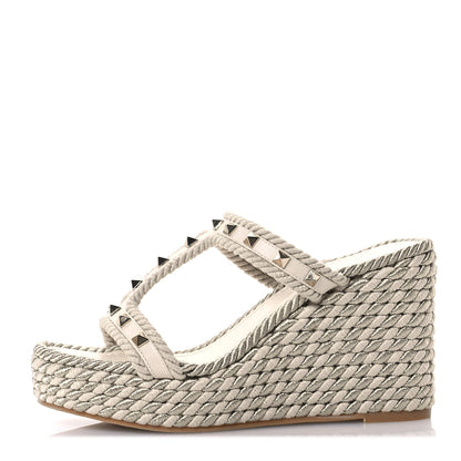 Valentino Garavani Calfskin Rockstud Torchon Espadrille Caged 25/95mm Wedge Sandals 38 Light Ivory 1 of 7