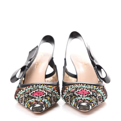 Christian Dior Embroidered Calfskin Beaded Sweet D Sling-Back Pumps 39 Black Turquoise 2 of 12
