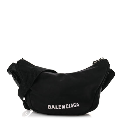 Balenciaga Recycled Sport Nylon Logo Embroidered Wheel Sling Bag Black White 1 of 14