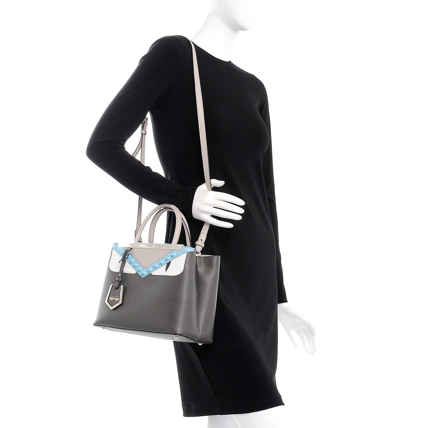 Fendi Vitello Elite Monster Eyes Studded Petite 2Jours Tote Carbone White Multicolor 2 of 8