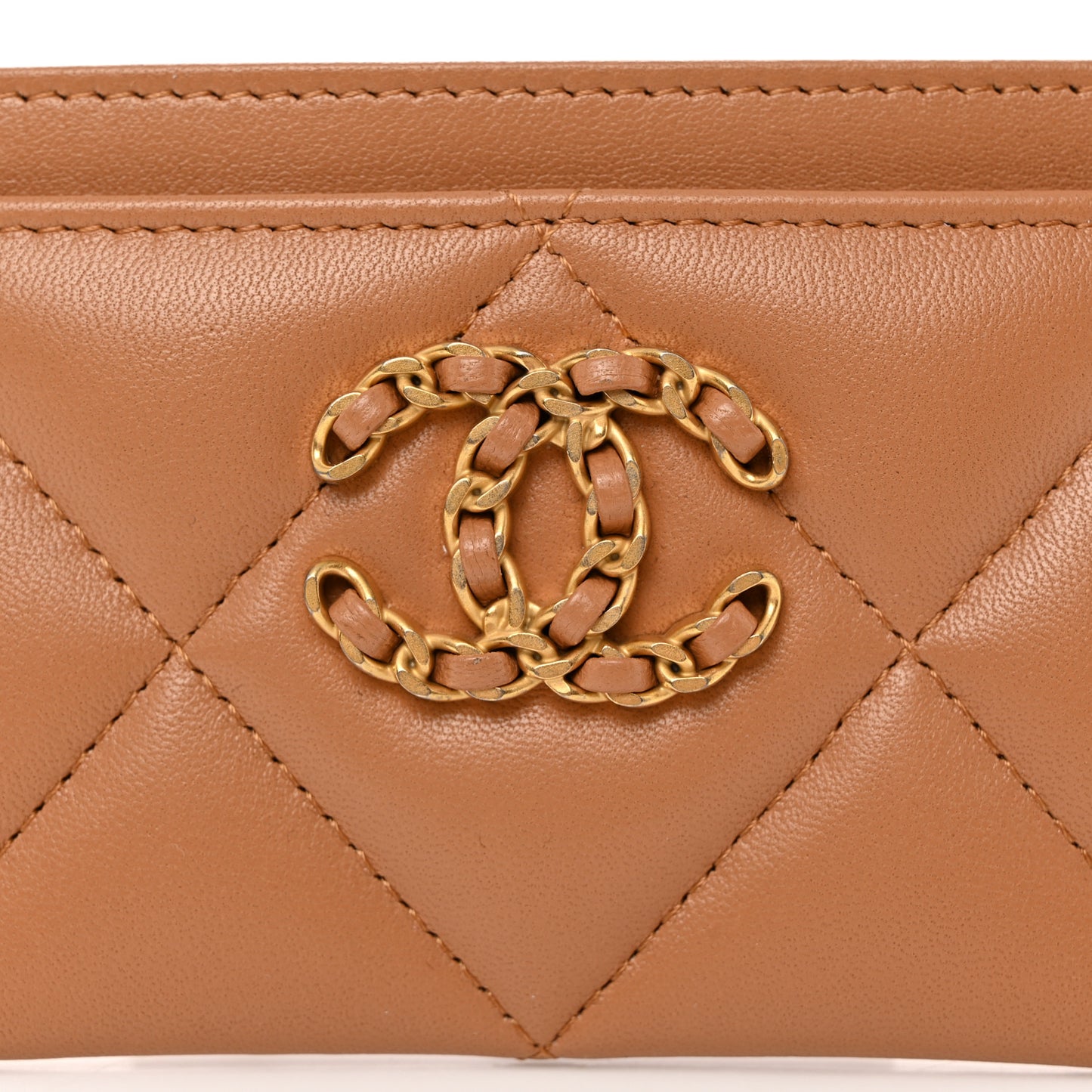 Lambskin Quilted Chanel 19 Card Holder Brown