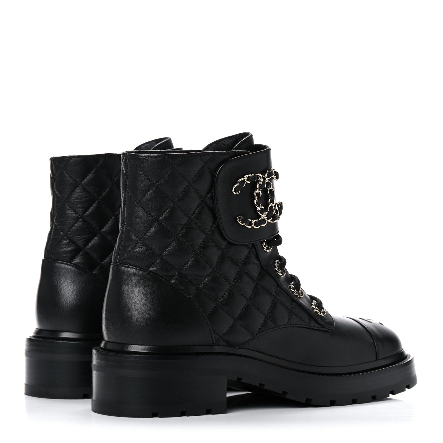Shiny Lambskin Quilted Lace Up Combat Boots 38 Black