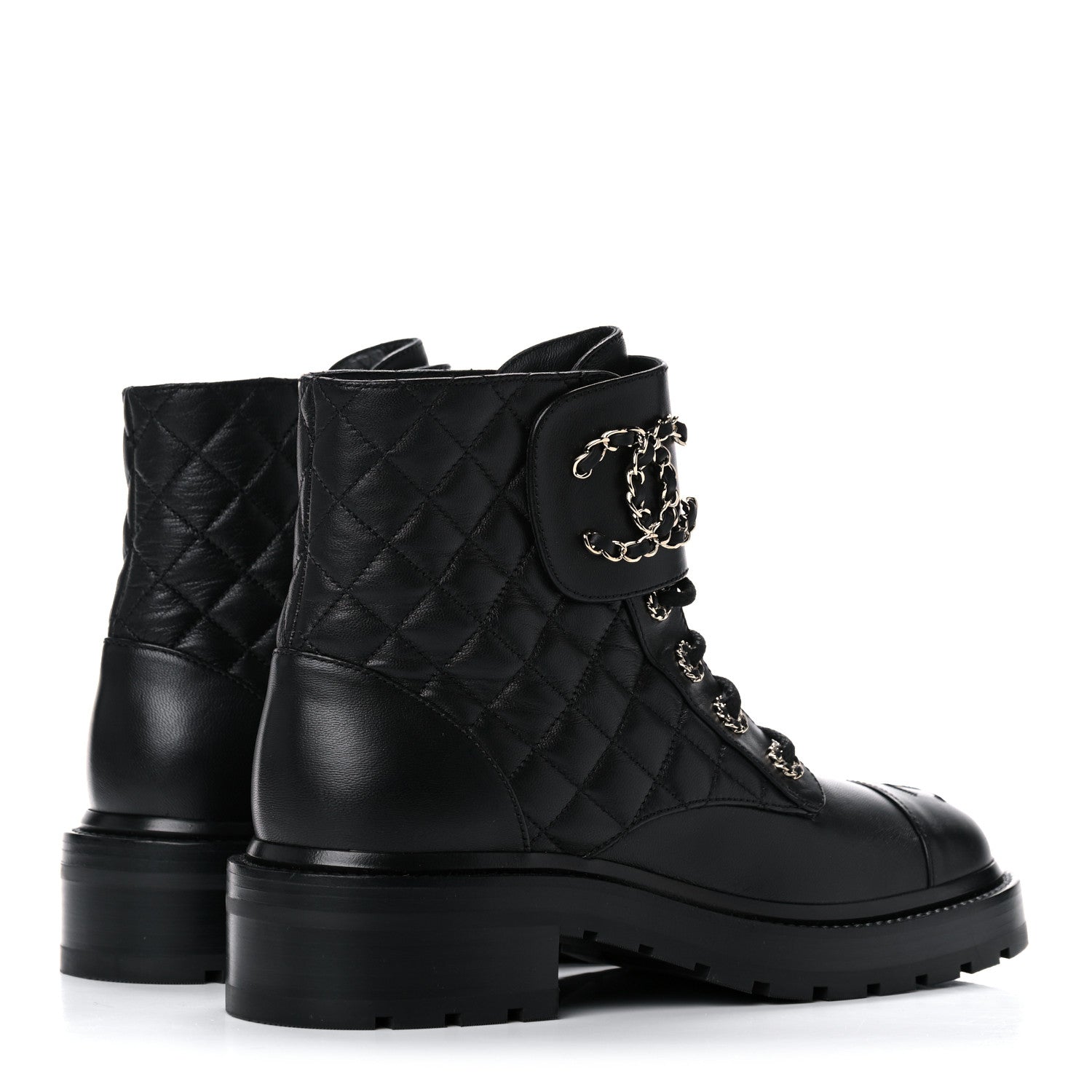 Chanel Shiny Lambskin Quilted Lace Up Combat Boots 38 Black 4 of 12