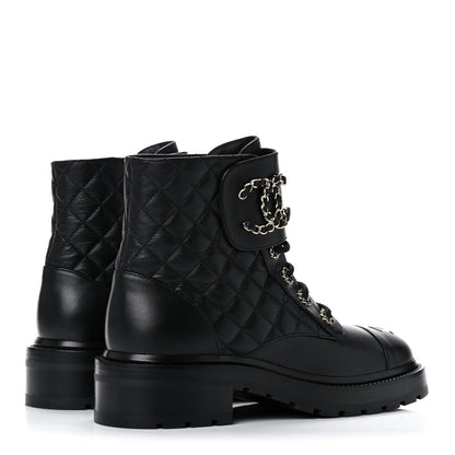 Chanel Shiny Lambskin Quilted Lace Up Combat Boots 38 Black 4 of 12