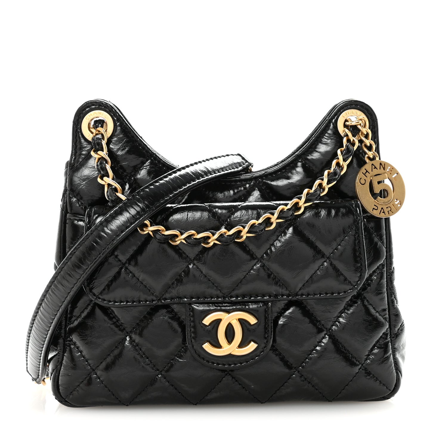 Shiny Crumpled Calfskin Quilted Small Wavy CC Hobo Black