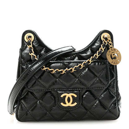 Chanel Shiny Crumpled Calfskin Quilted Small Wavy CC Hobo Black 1 of 11