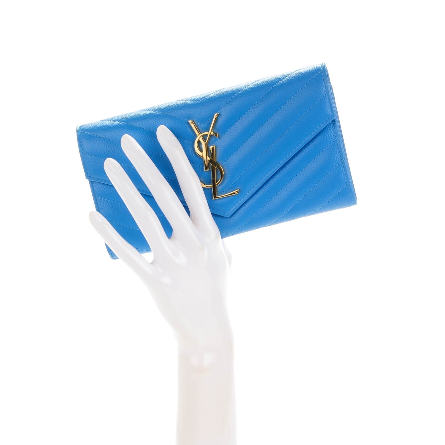 Saint Laurent Grain de Poudre Matelasse Chevron Monogram Wallet Light Blue 2 of 8