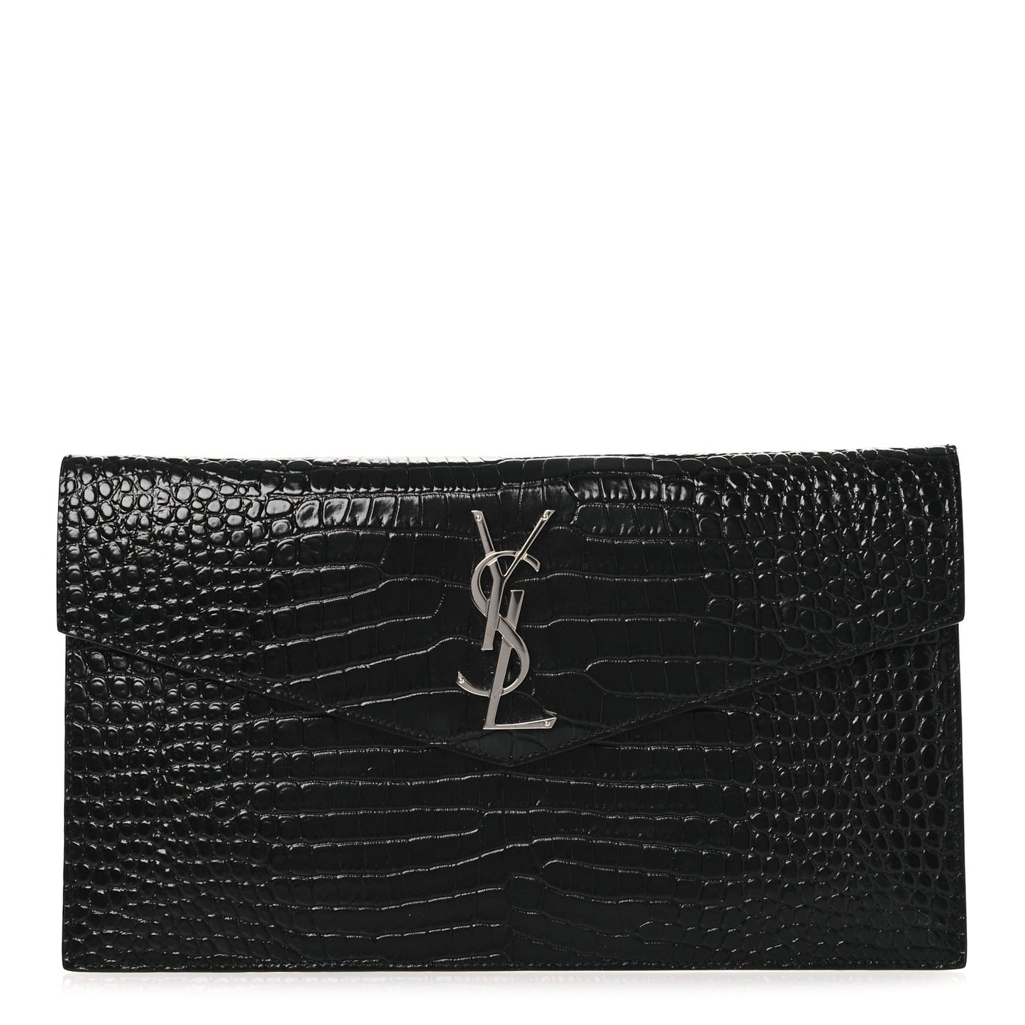 Calfskin Crocodile Embossed Uptown Monogram Clutch Black