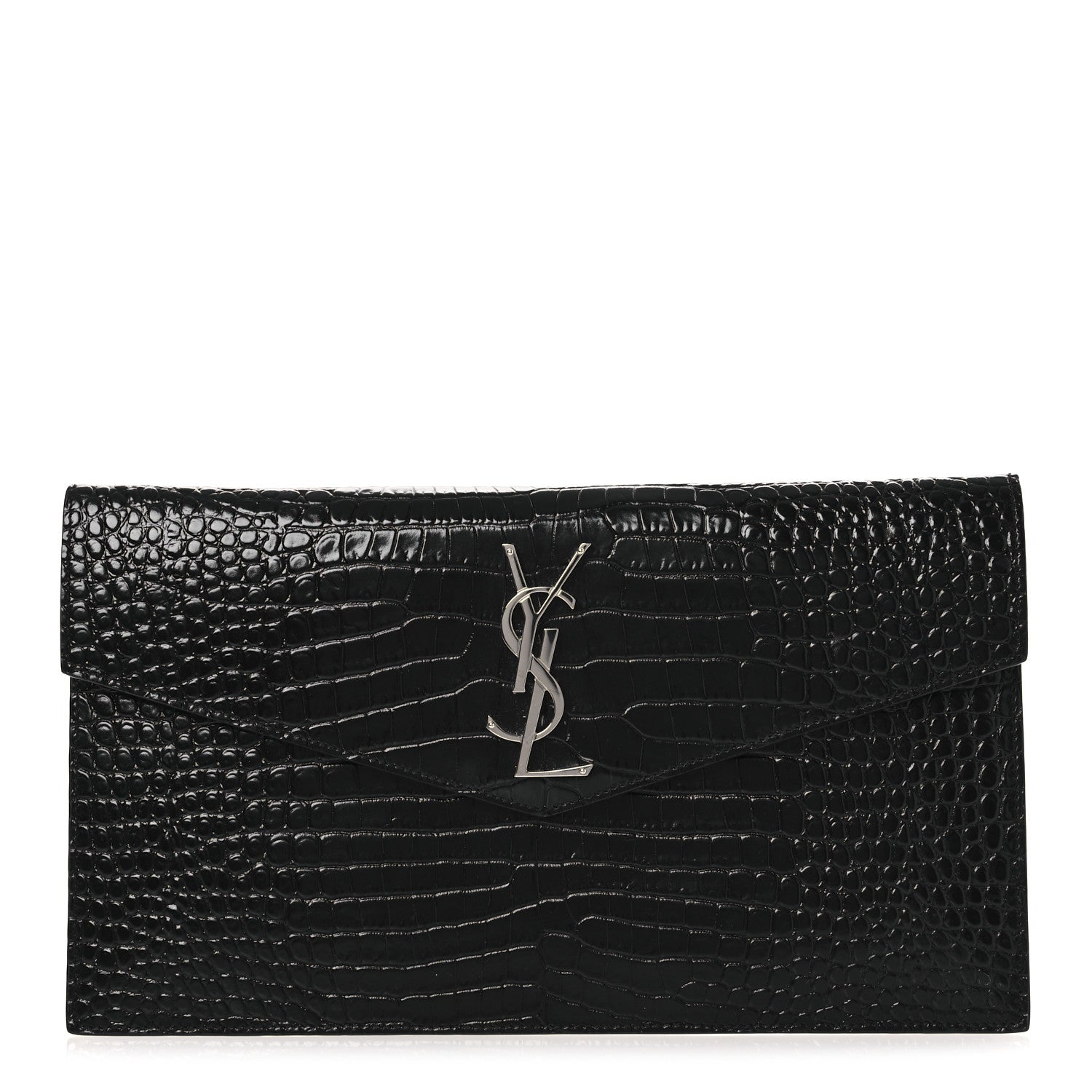 Saint Laurent Calfskin Crocodile Embossed Uptown Monogram Clutch Black 1 of 8