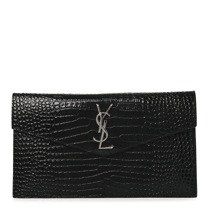 Saint Laurent Calfskin Crocodile Embossed Uptown Monogram Clutch Black 1 of 8
