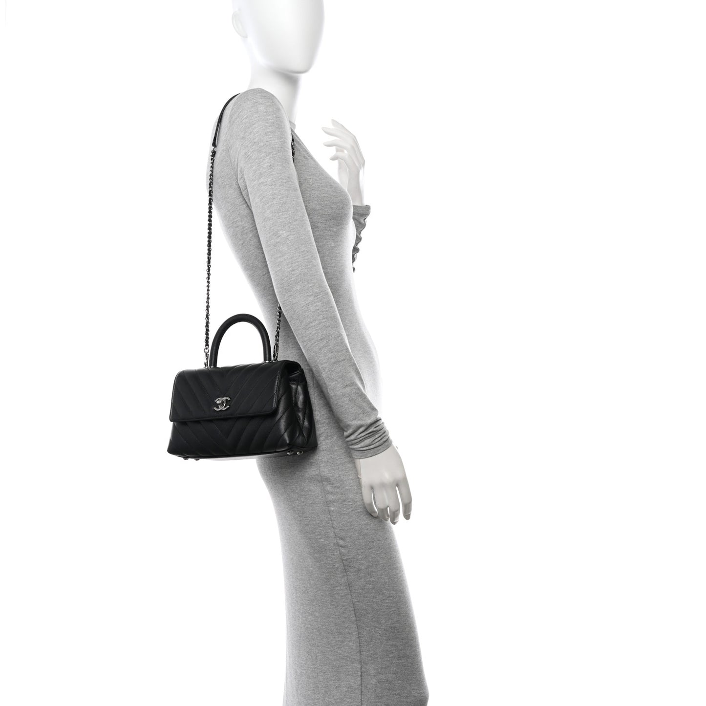 Caviar Chevron Quilted Mini Coco Handle Flap Black