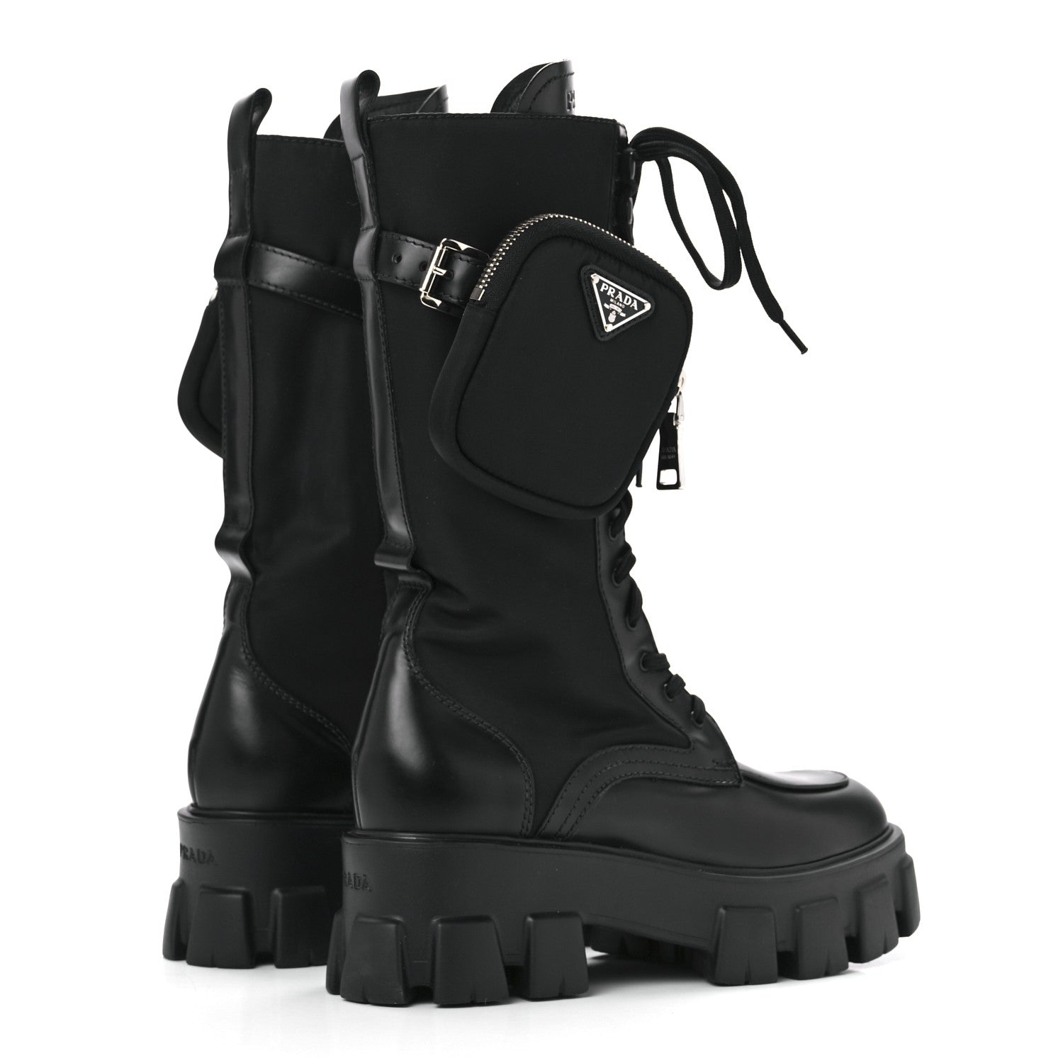 Prada Spazzolato Rois Re-Nylon Metal Triangle Logo Monolith Pouch Pocket 55mm Tall Combat Boots 38 Black 4 of 7