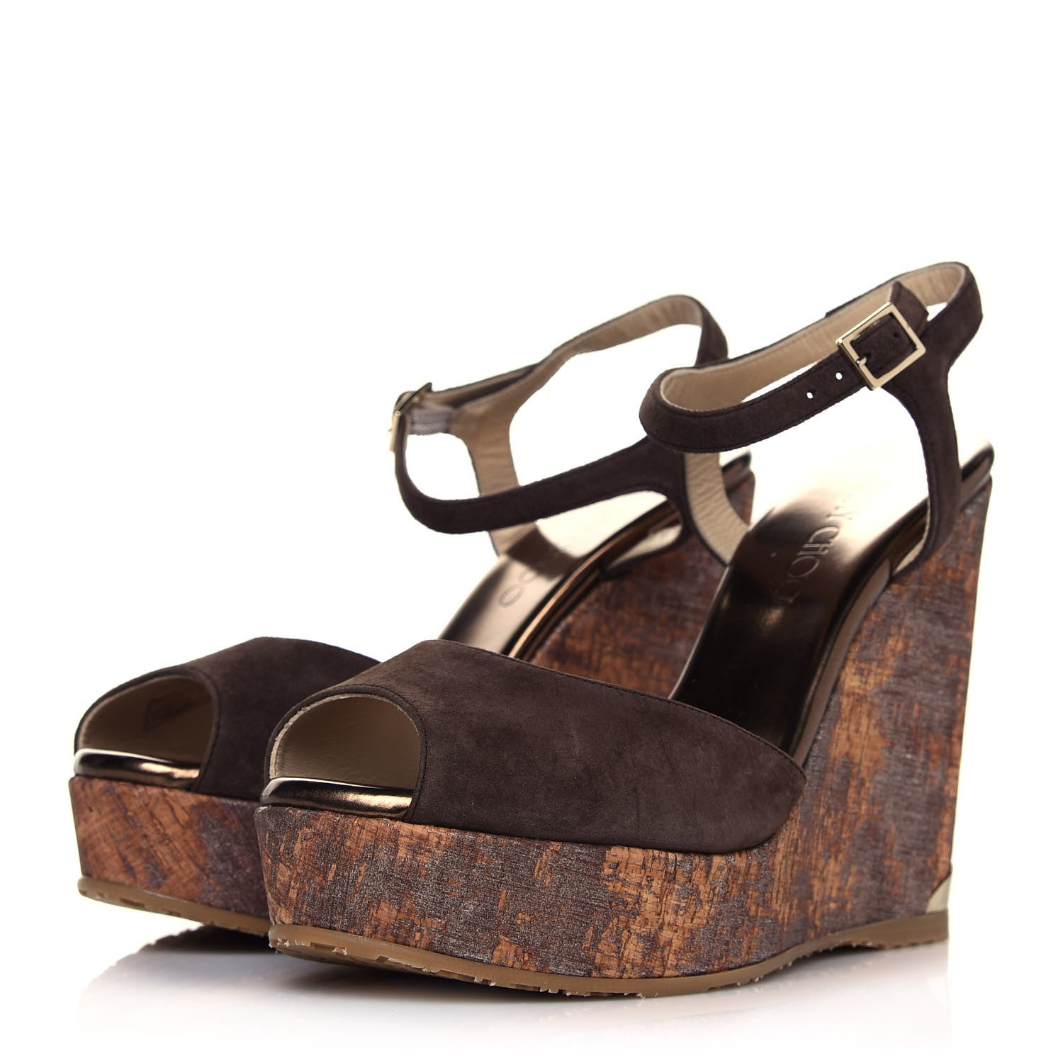 Jimmy Choo Suede Cork Perla 120 Wedge Sandals 37.5 Pecan 3 of 9