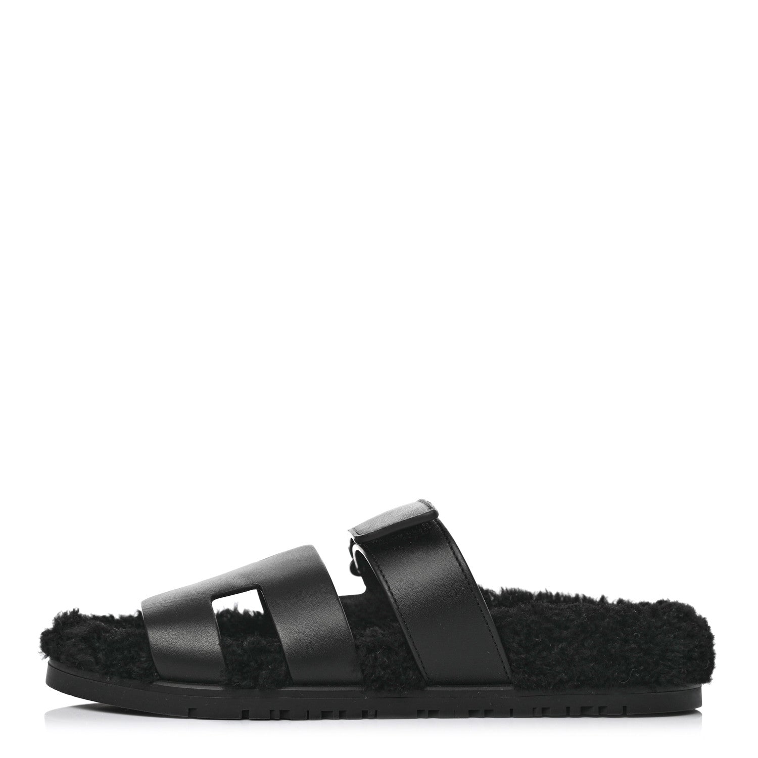 Hermes Calfskin Woolskin Womens Chypre Sandals 37 Black 1 of 9