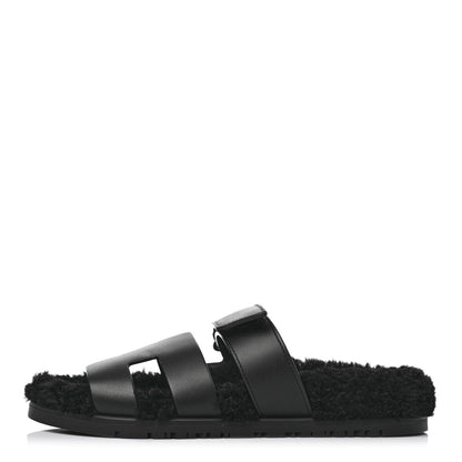 Hermes Calfskin Woolskin Womens Chypre Sandals 37 Black 1 of 9