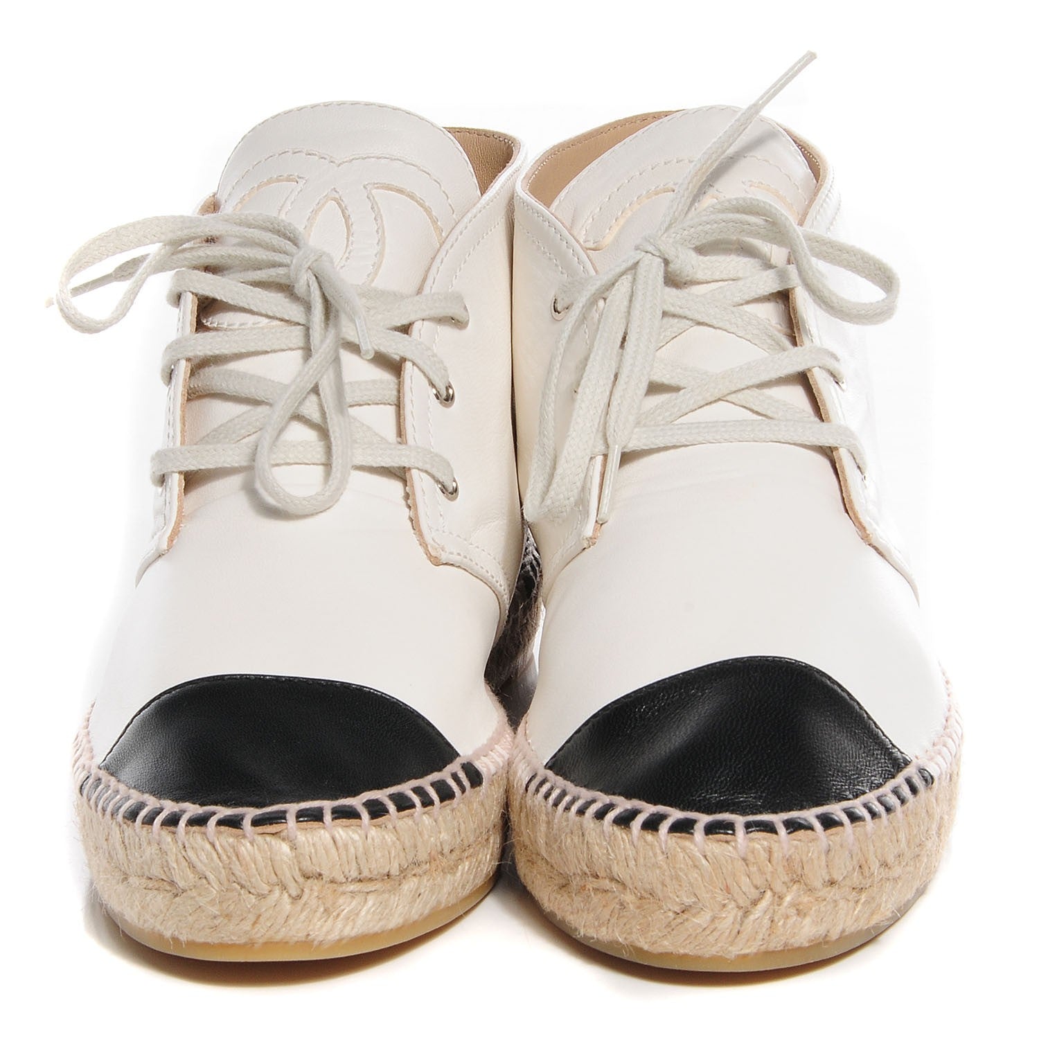 Chanel Lambskin Cap Toe Lace Up Espadrilles 39 White Black 2 of 8