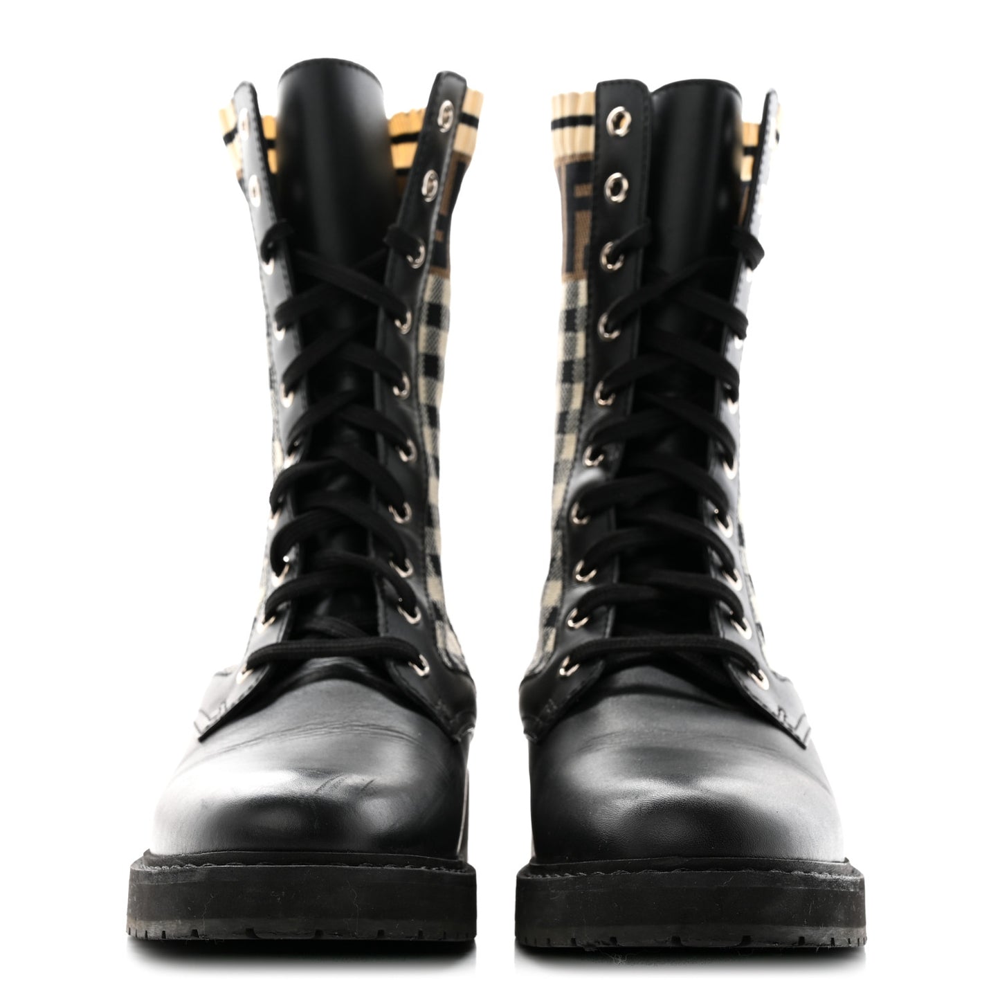 Vitello Stretch Fabric FF Vichy Rockoko Biker Boots 39 Black Crema Tobacco