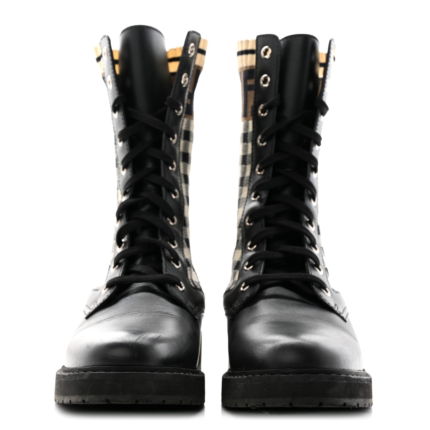 Fendi Vitello Stretch Fabric FF Vichy Rockoko Biker Boots 39 Black Crema Tobacco 2 of 11